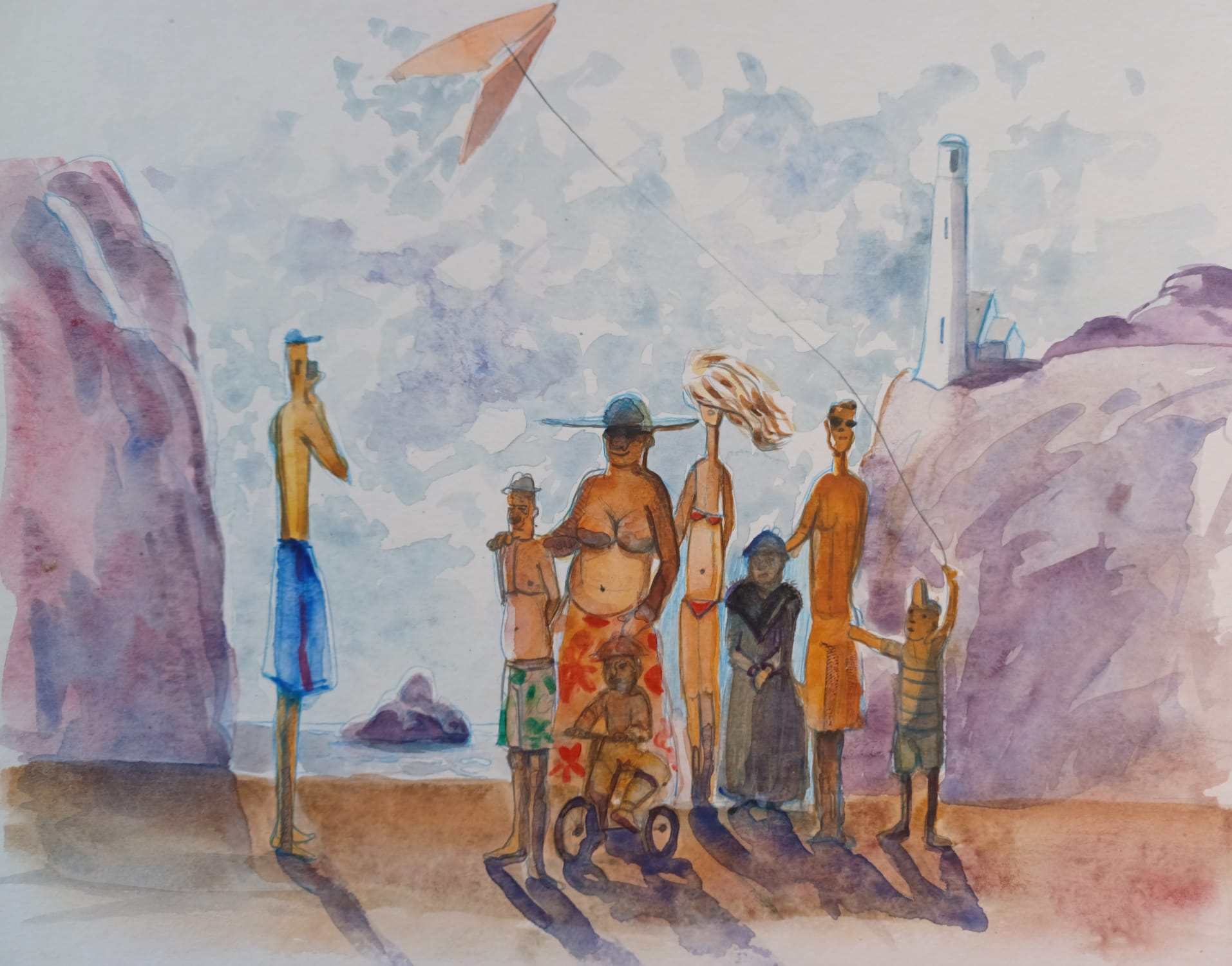 Famille à la plage – Format 29,7 x 21 encadré