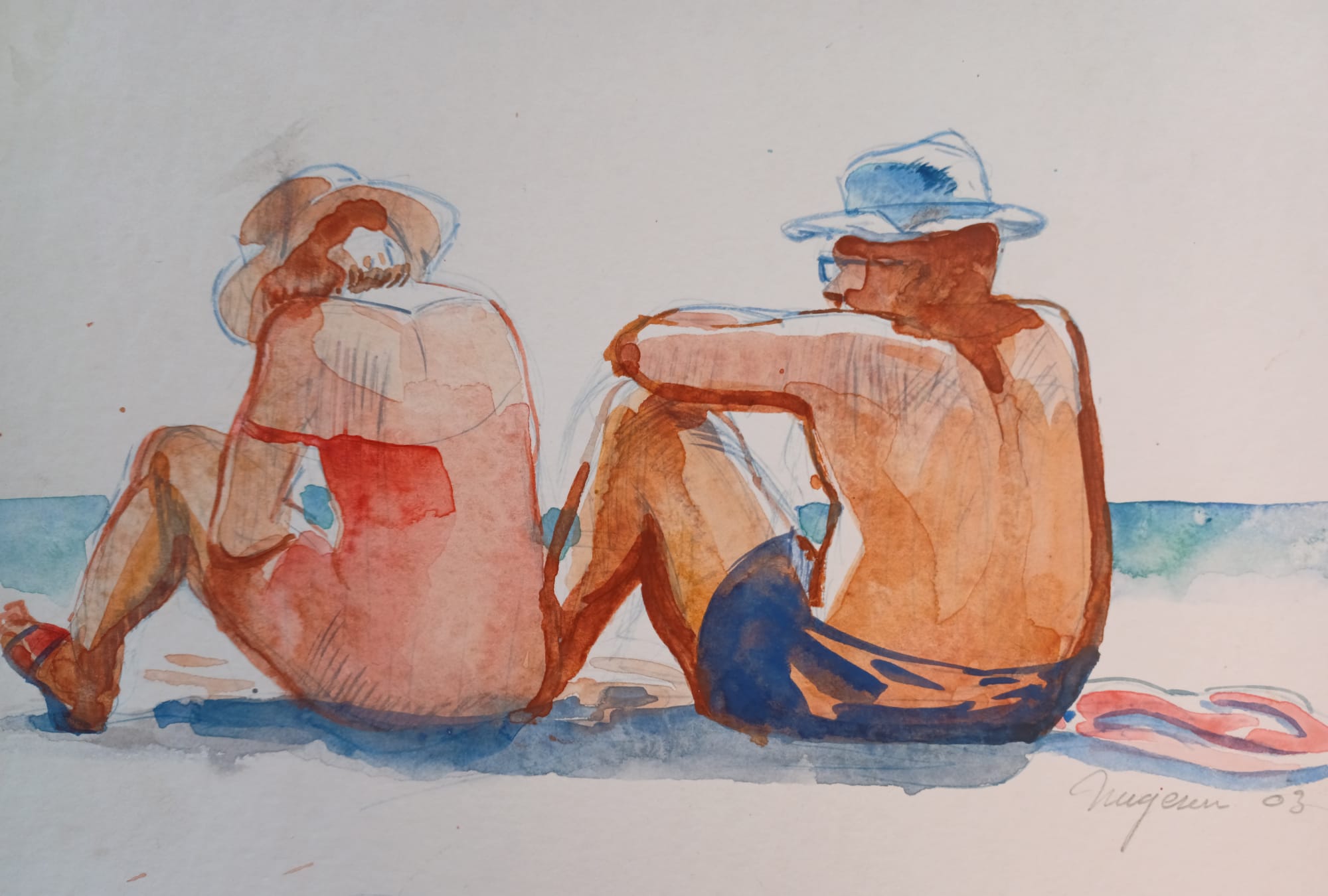 Touristes sur la plage – Format 29,7 x 21 encadré