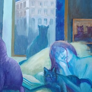 Trois chats et une maîtresse - Format : 73 X 60 cm