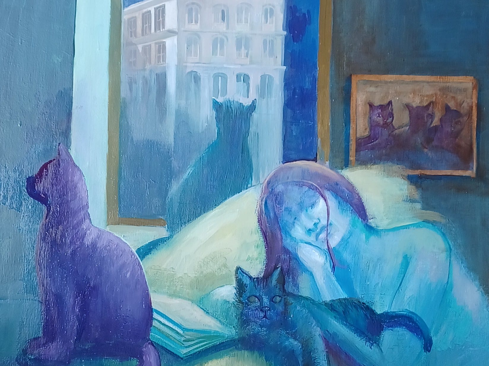 Trois chats et une maîtresse – Format : 73 X 60 cm